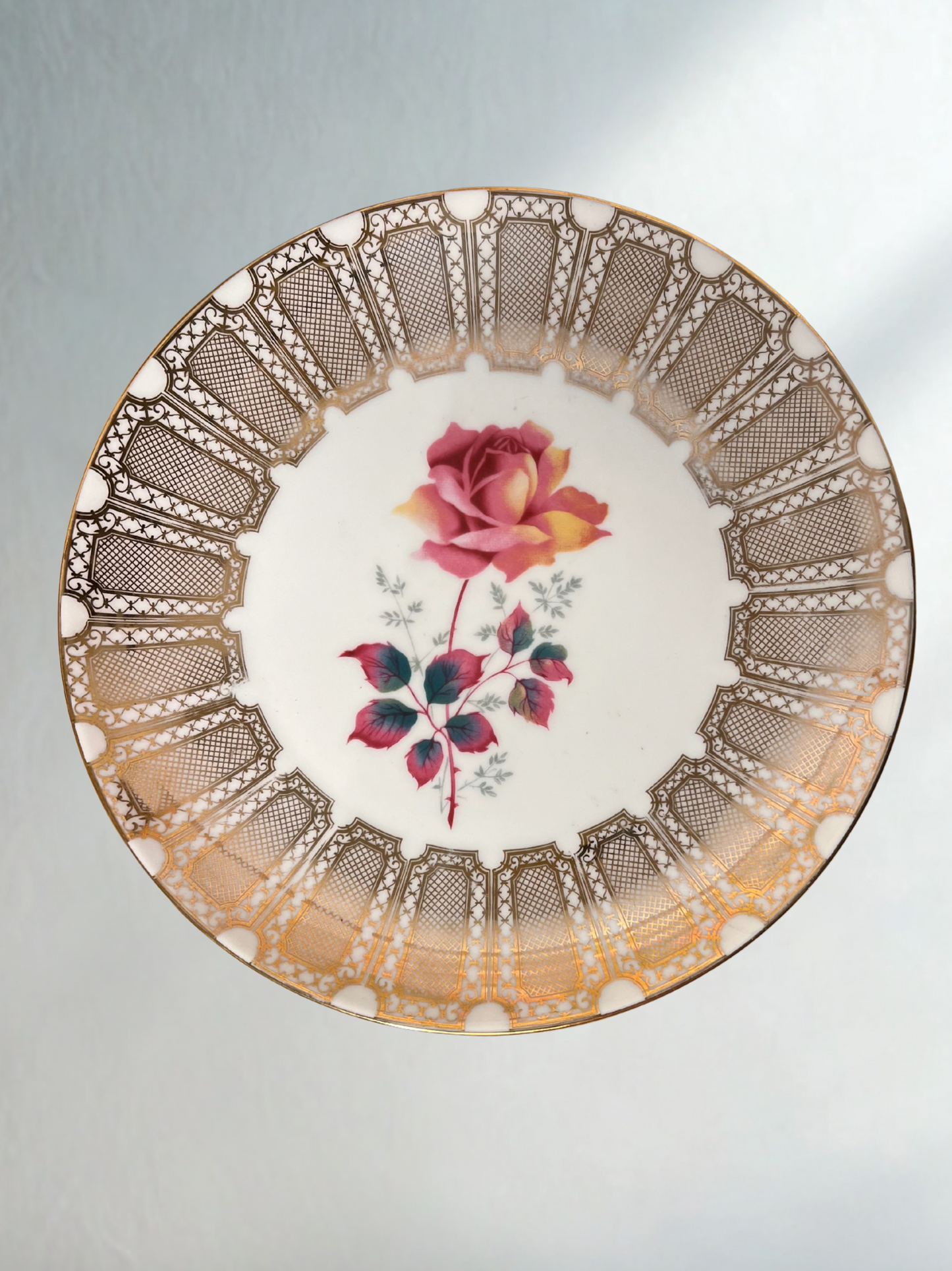 Vintage Rose Plate with Ornate Gold Border – 8"