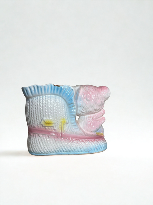 Vintage Ceramic Baby Bootie Planter with Bear & Train – 4” Tall
