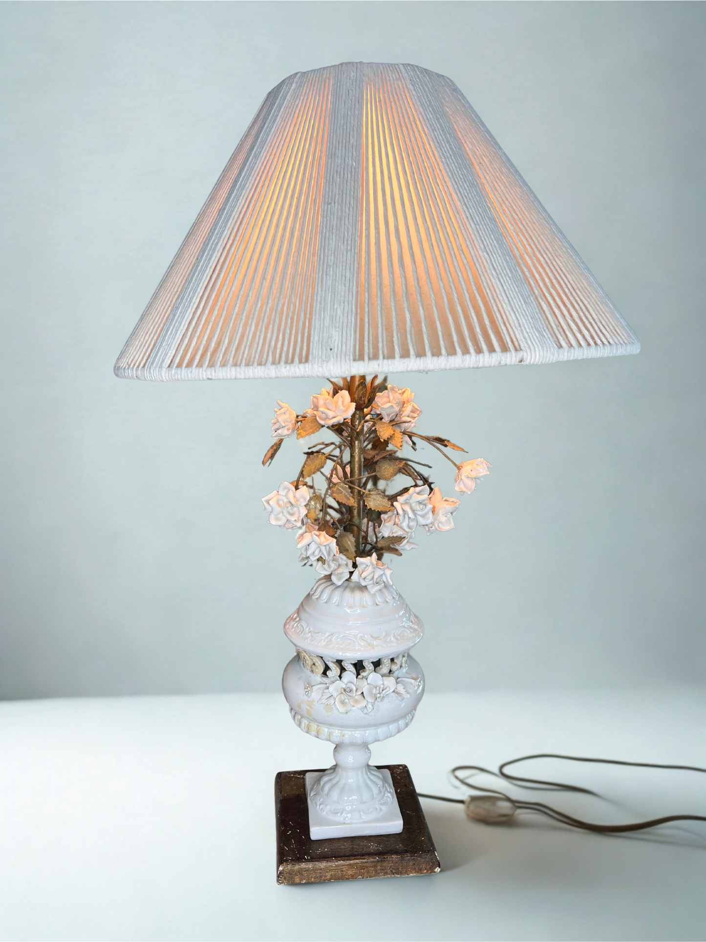 Vintage Floral Porcelain Table Lamp with Fabric Shade – 36.22" Tall