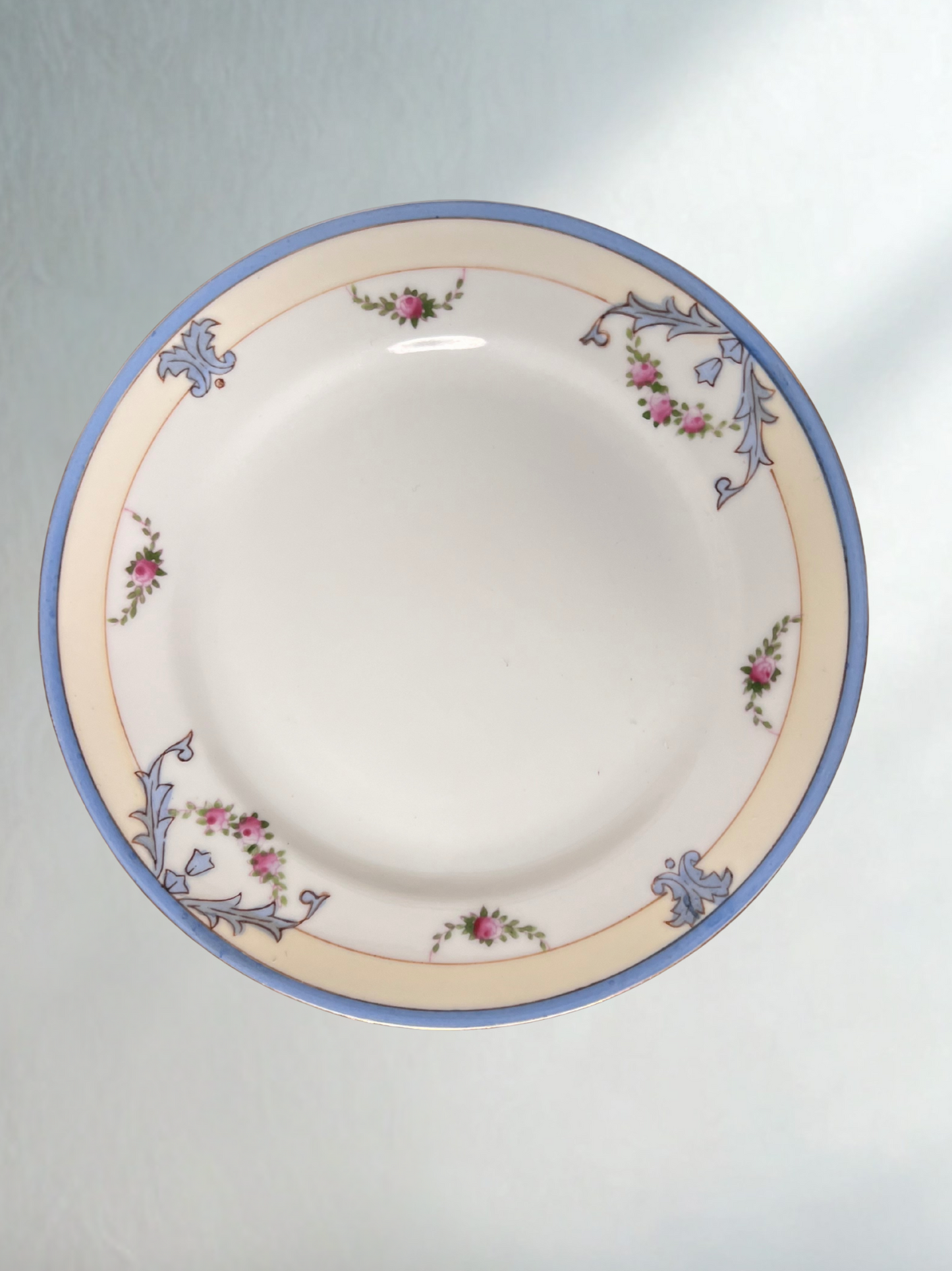 Plate with Blue Rim and Pink Floral Sprays – 8"