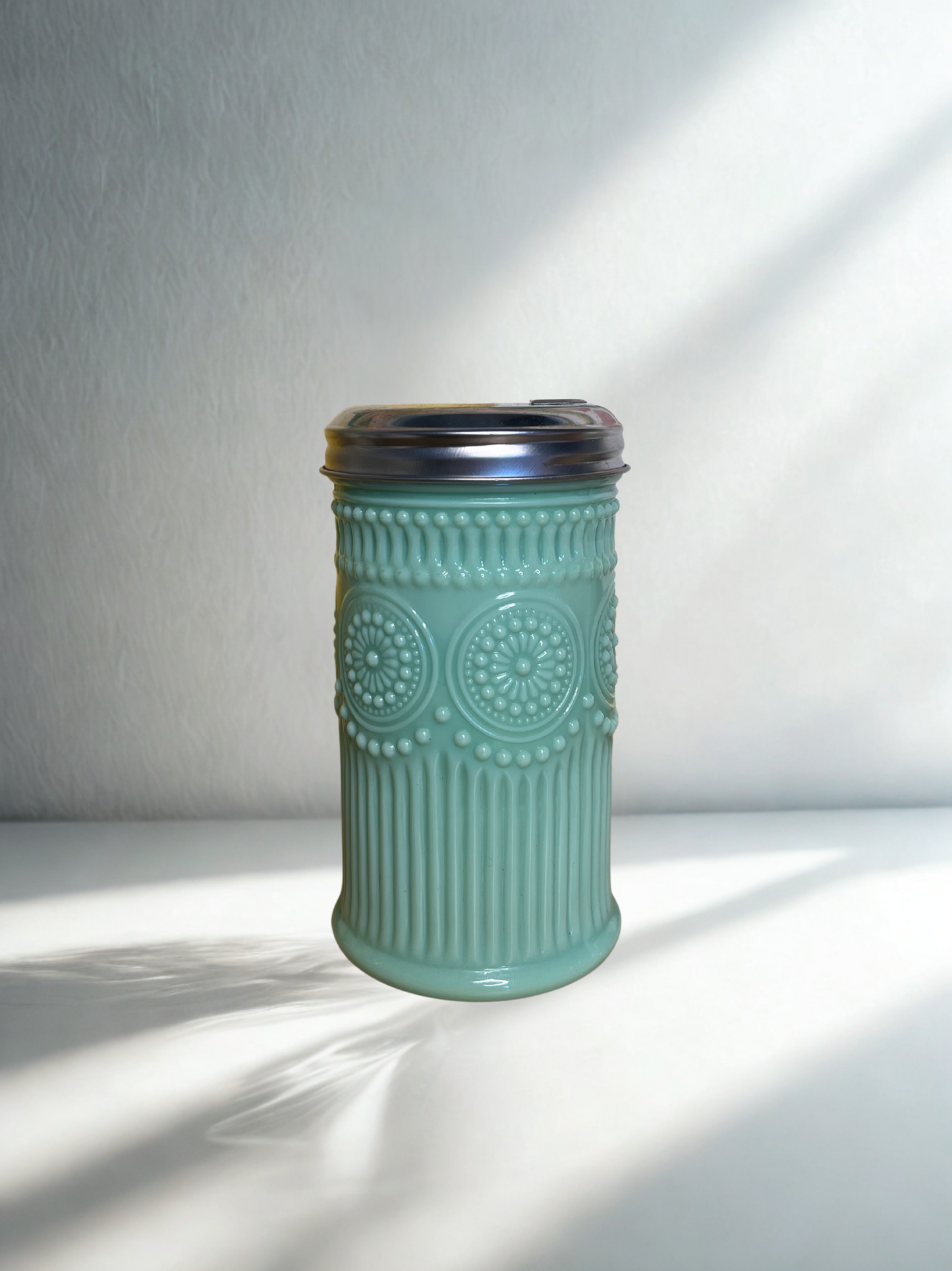 Vintage Daisy & Button Glass Jar with Metal Lid – Aqua Blue