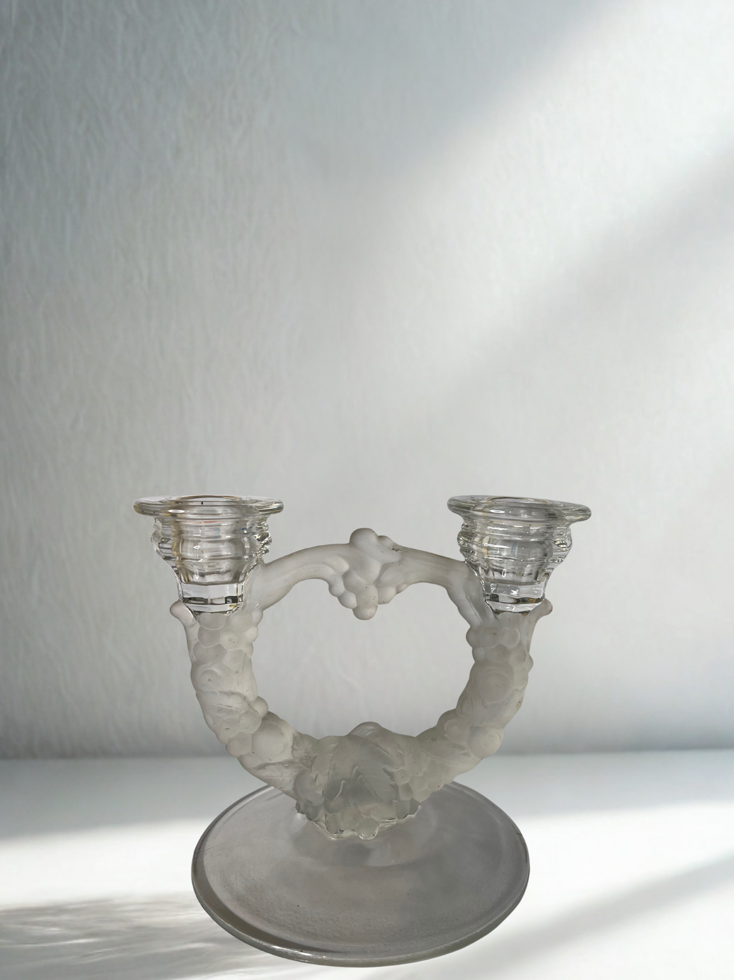 Vintage Frosted Glass Double Candle Holder with Grape Motif