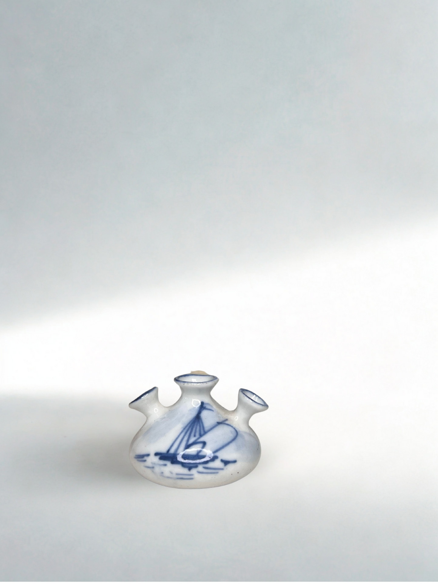 Miniature Delft-Style Triple Spout Vase with Sailboat Motif