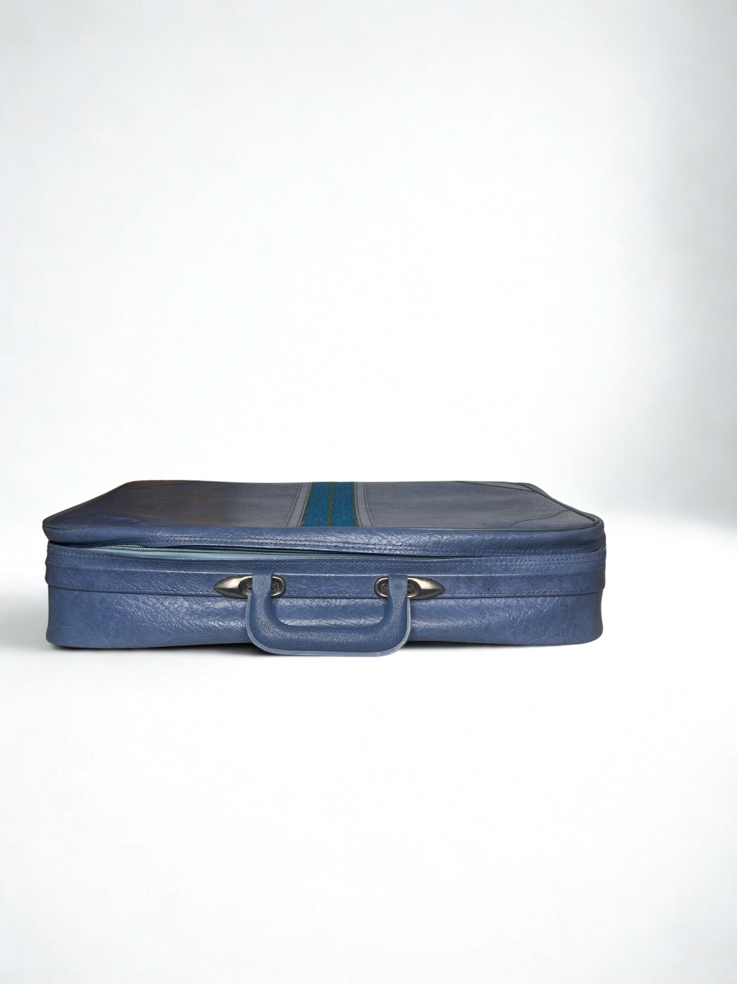 Vintage Blue Vinyl Travel Case – 1960s Soft-Sided Suitcase with Green Stripe