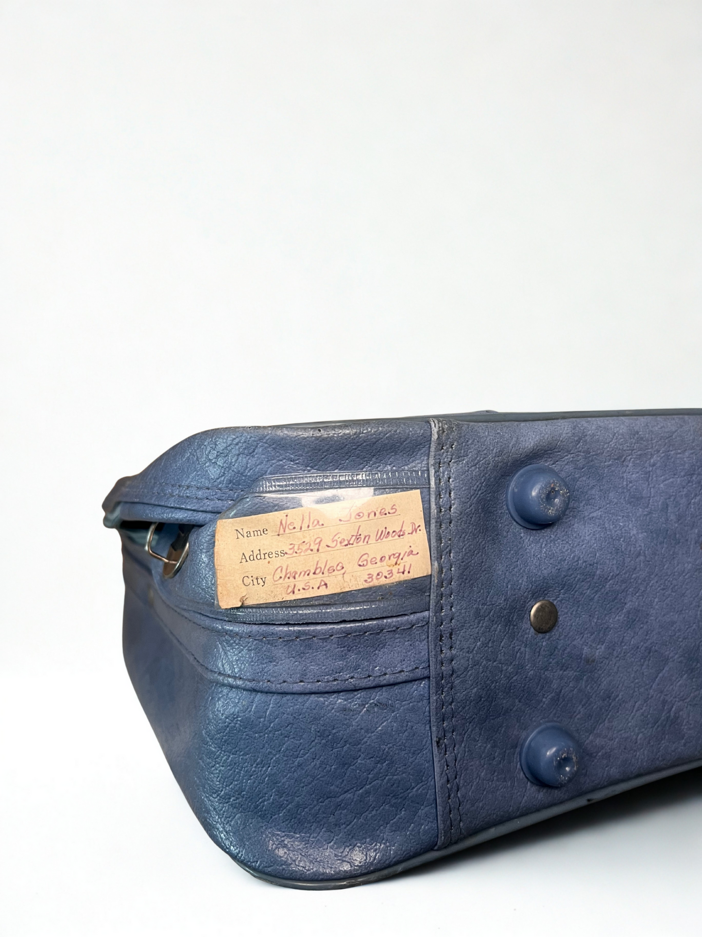 Vintage Blue Vinyl Travel Case – 1960s Soft-Sided Suitcase with Green Stripe