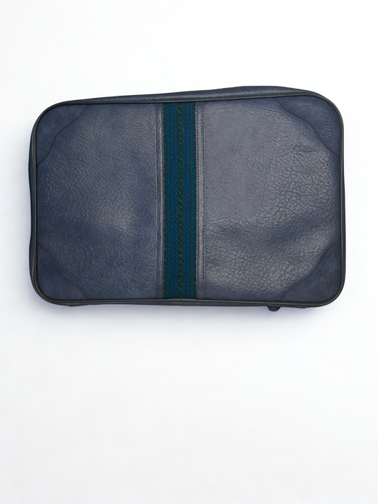 Vintage Blue Vinyl Travel Case – 1960s Soft-Sided Suitcase with Green Stripe