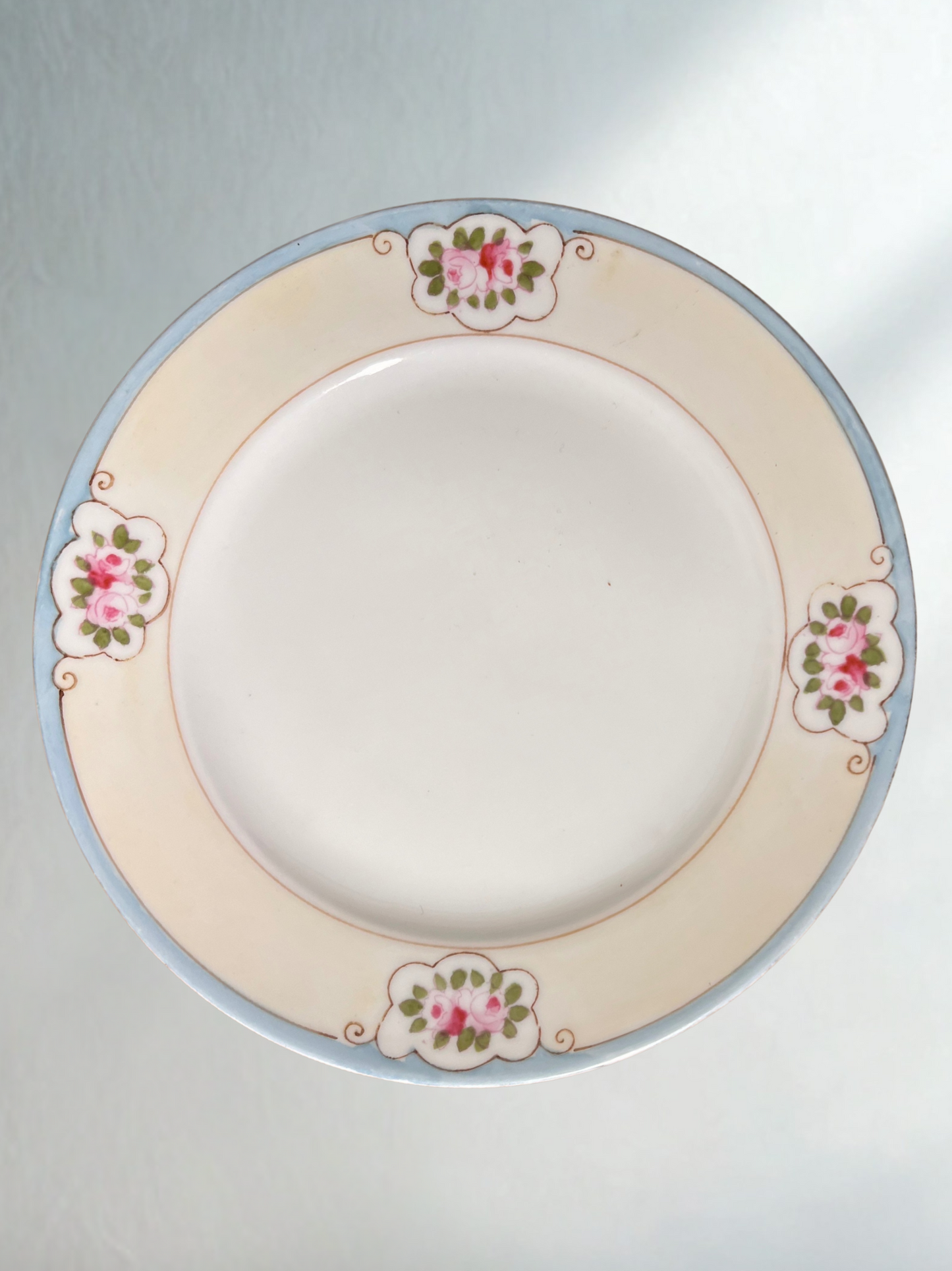 Vintage Plate with Blue Rim and Pink Rose Panels – 8"