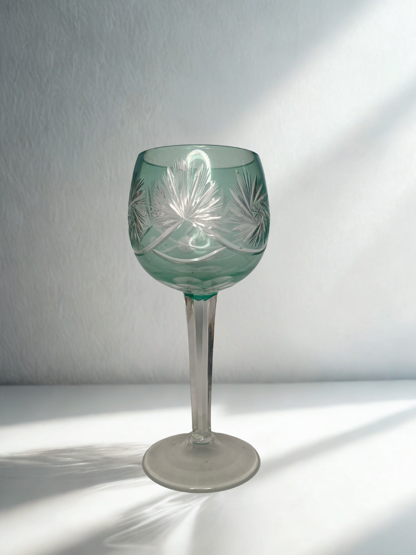 Etched Green Goblet with Clear Stem