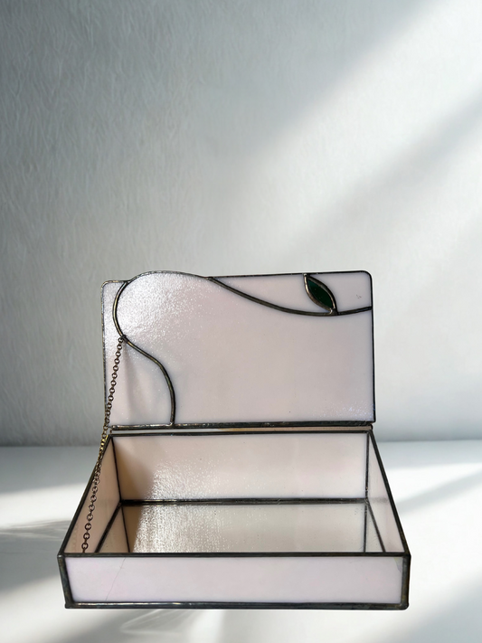 Vintage Stained Glass Jewelry Box – Pink with White Floral Detail