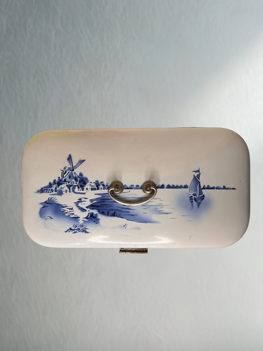 Vintage Enameled Iron Baking Box – Blue & White Dutch Scene, 1920s