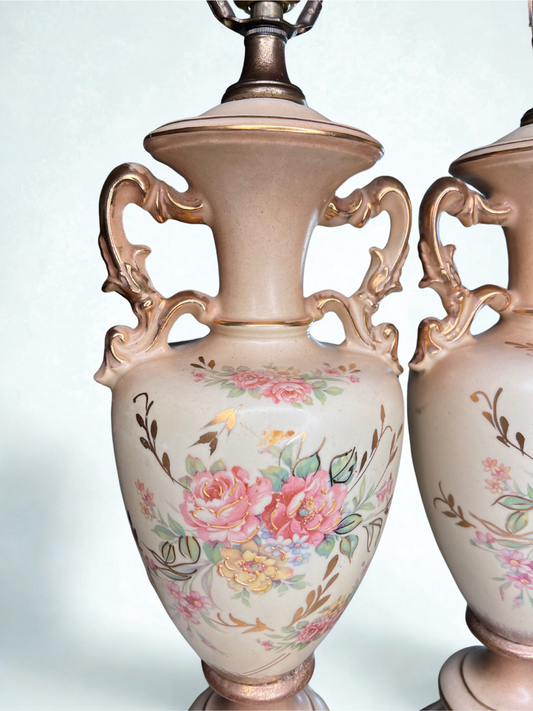 Pair of Vintage Floral Urn Lamps – 30.7” Tall
