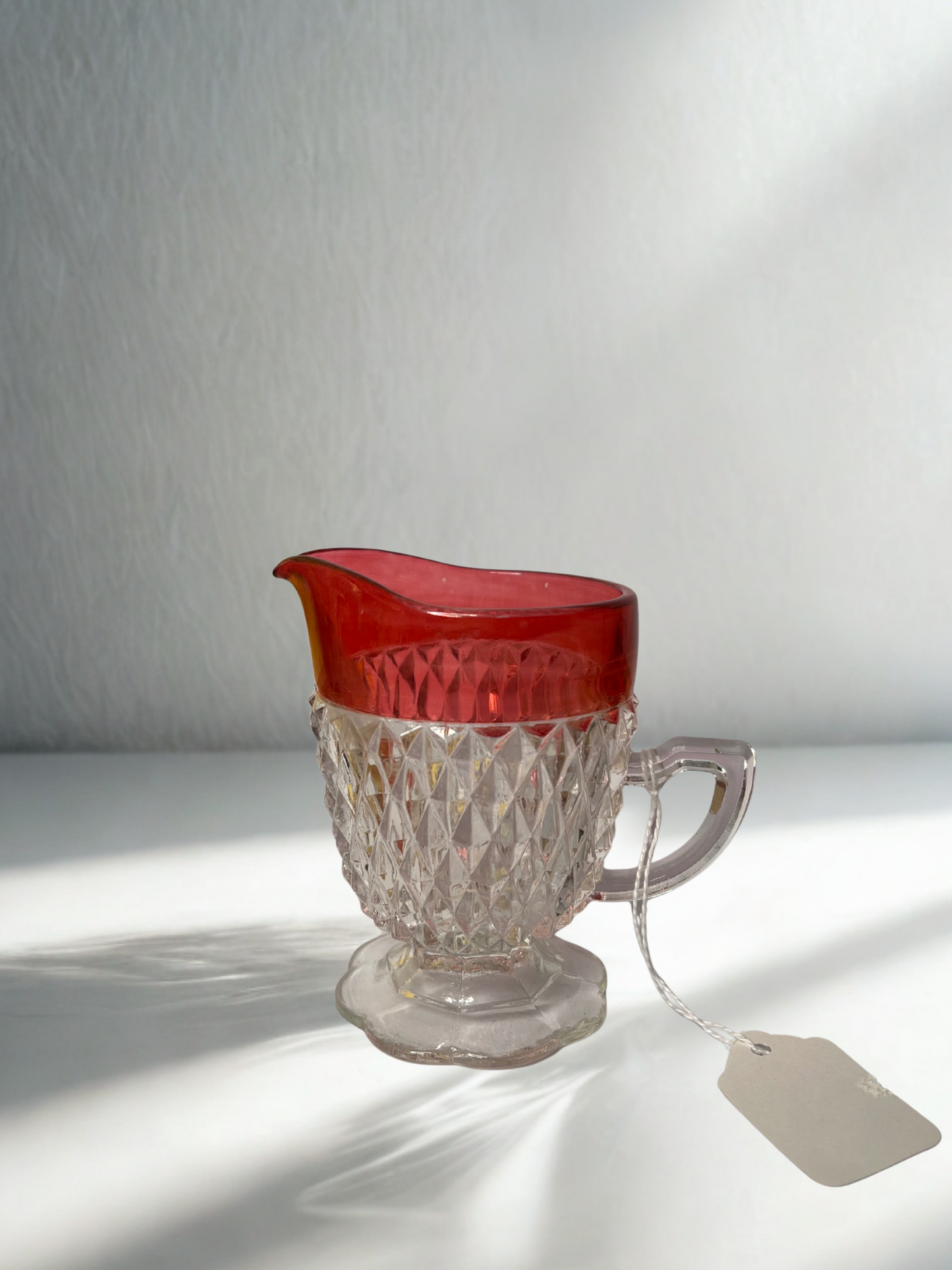 Vintage Ruby Flash Glass Creamer, Sugar Bowl & Tray Set – Diamond Pattern (Set of 3)