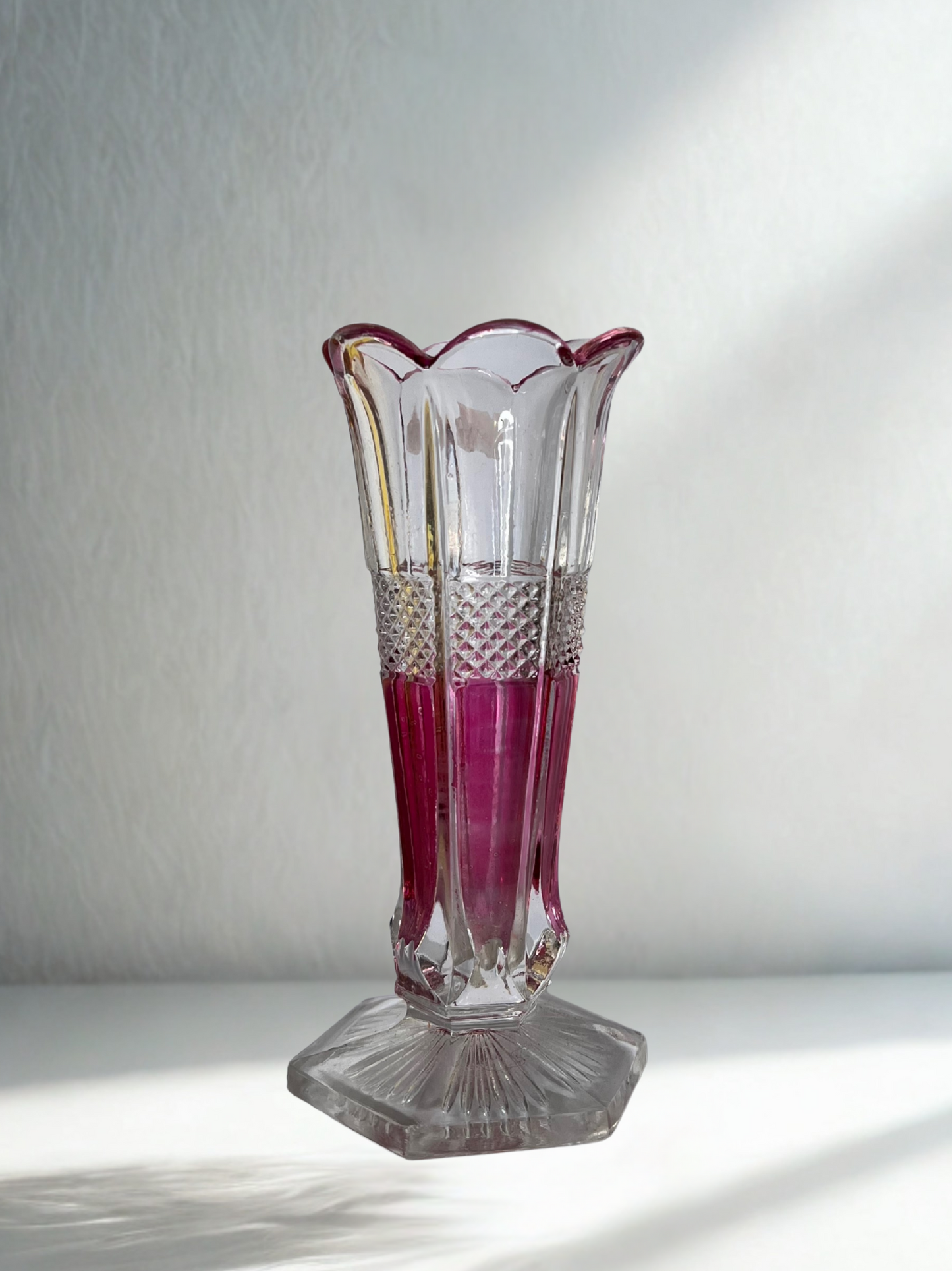 Antique Pressed Glass Vase – Cranberry Flashed with Octagonal Base