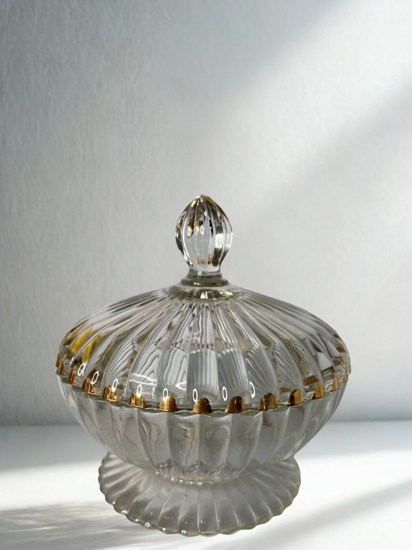 Vintage Lidded Glass Candy Dish with Gold Detailing