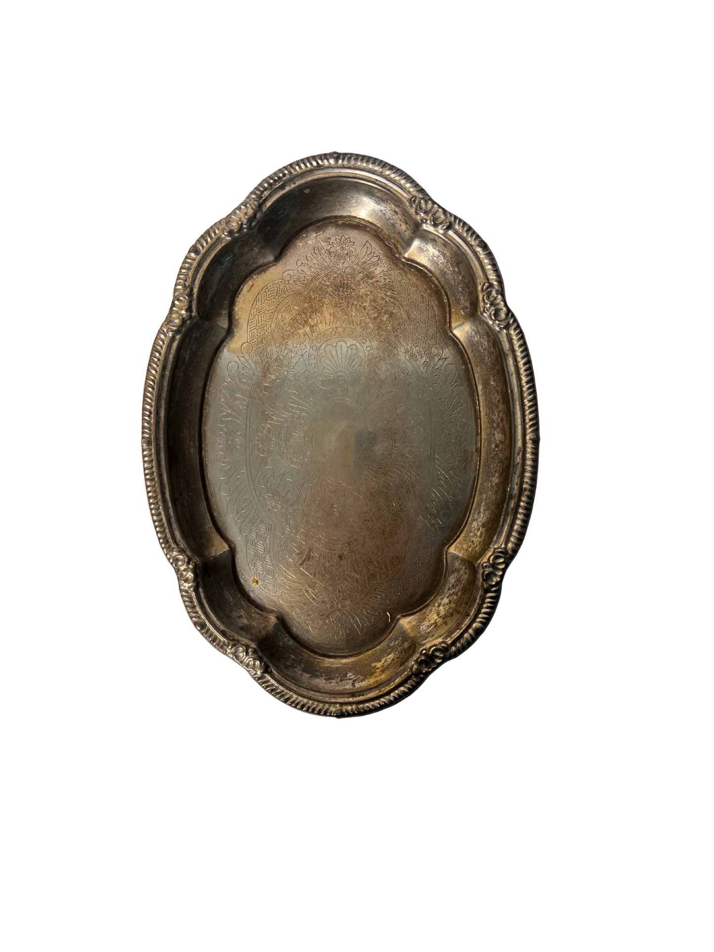 Vintage Silver-Plated Oval Tray – Etched Floral Design with Patina