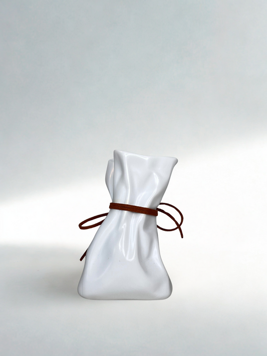 White Ceramic “Sachet” Vase with Suede Tie