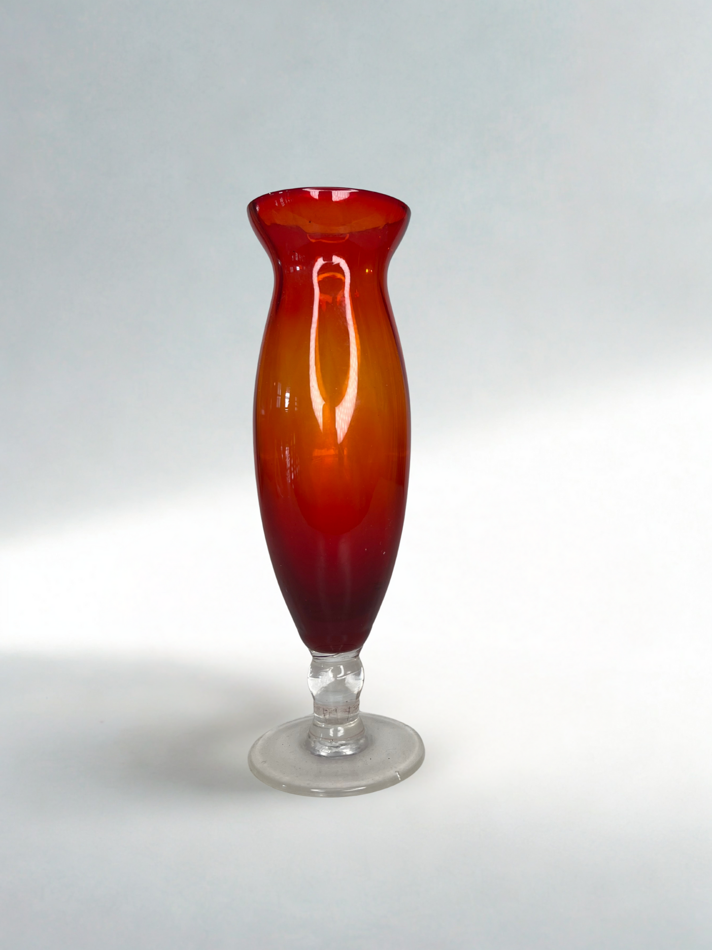 Handblown Red-to-Amber Art Glass Vase with Clear Pedestal