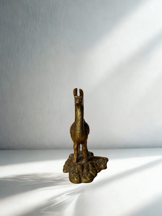 Vintage Brass Llama Figurine with Copper Saddle – Andean-Inspired Decor