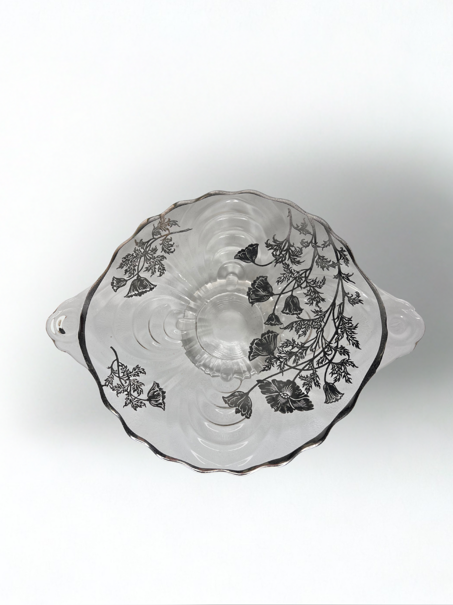 Vintage Clear Glass Dish with Black Floral Etching – Scalloped Edge
