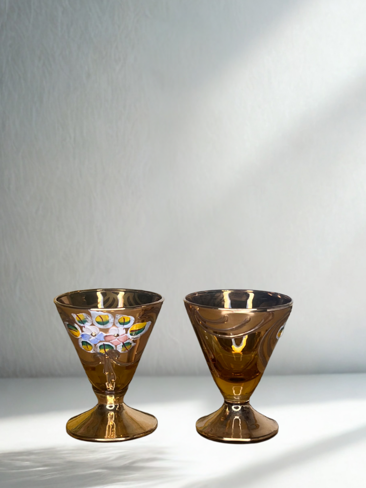 Set of 2 Vintage Murano Venetian Goblets – Gold Luster with Enamel Detailing - Set of 5