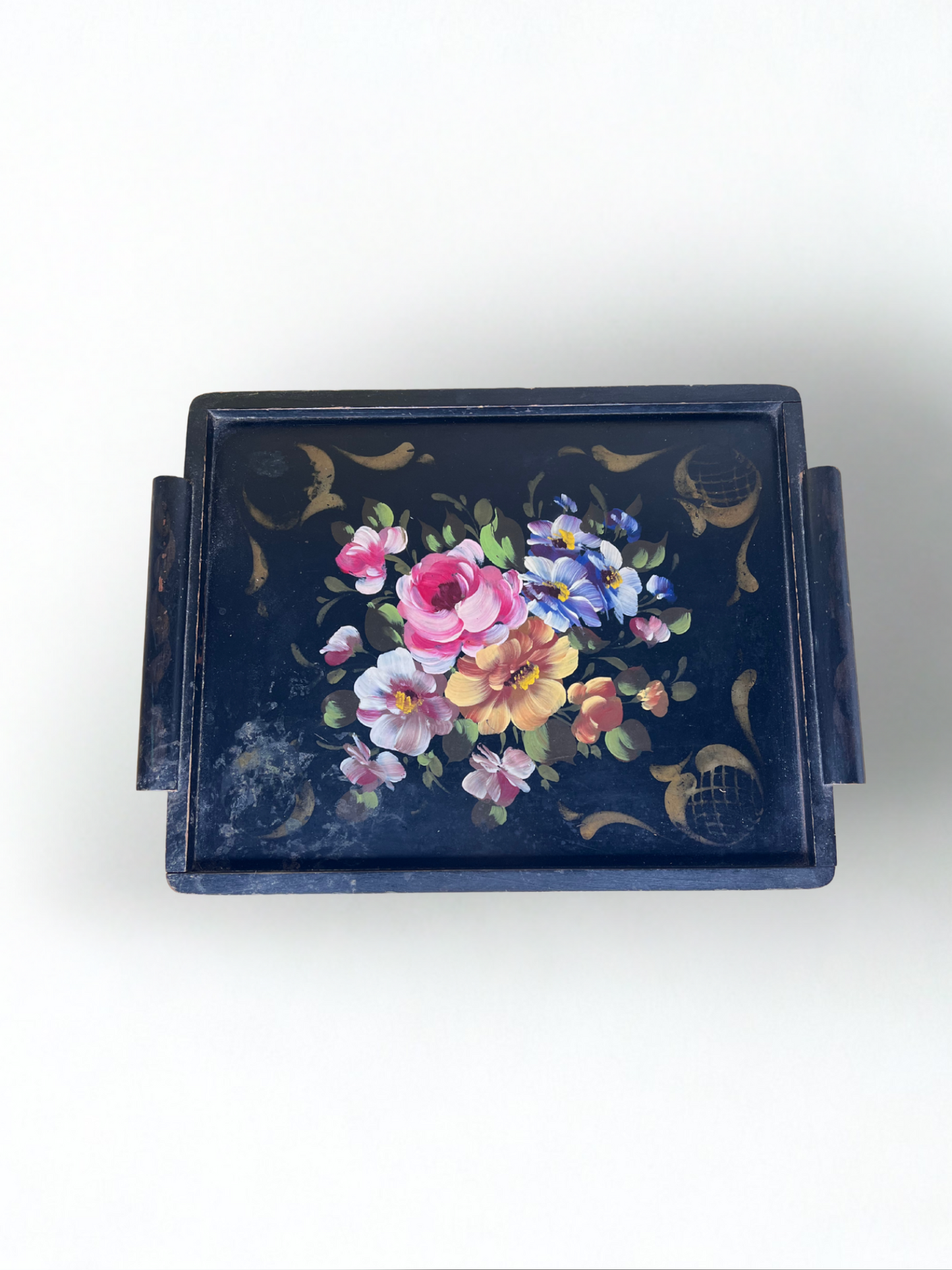 Vintage Hand-Painted Wooden Tray – Floral Folk Art