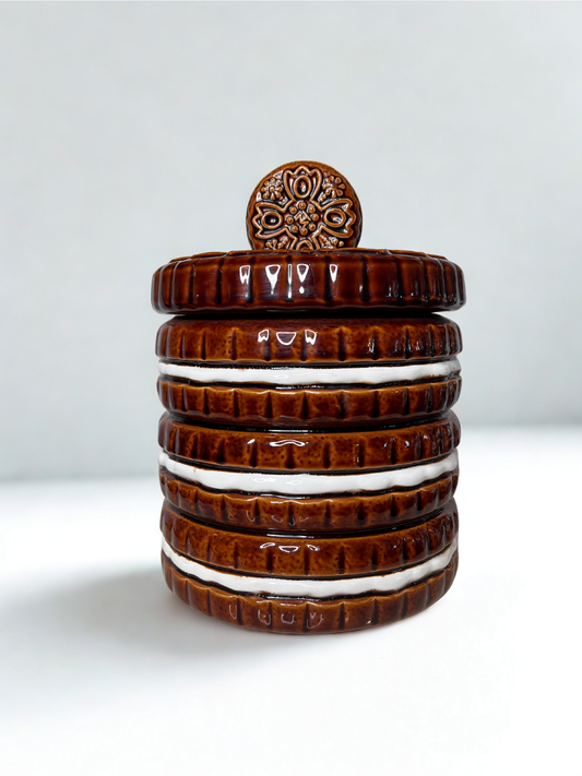 Vintage Chocolate Sandwich Cookie Jar – Oreo Style Ceramic Canister with Lid