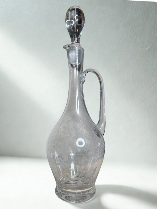 Vintage Etched Glass Wine Decanter with Stopper and Handle
