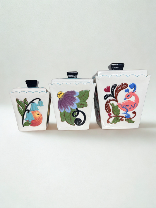 Vintage 1960s Hand Painted Ceramic Canisters (Set of 3)