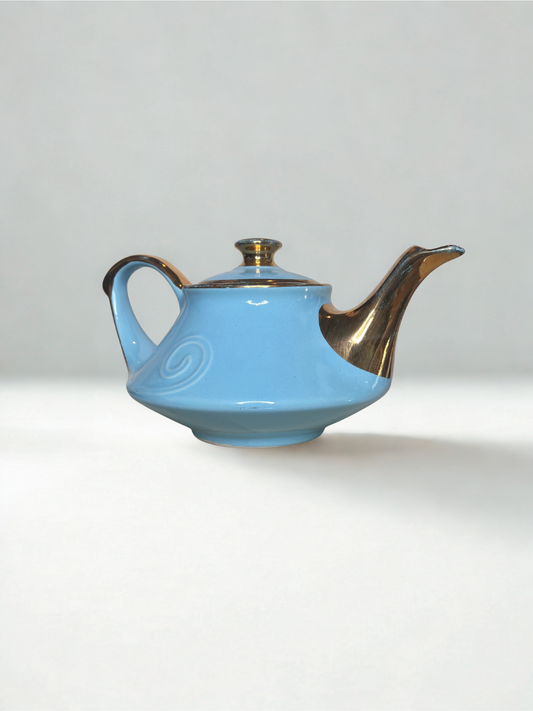 Vintage Blue Ceramic Teapot with Gold Accents