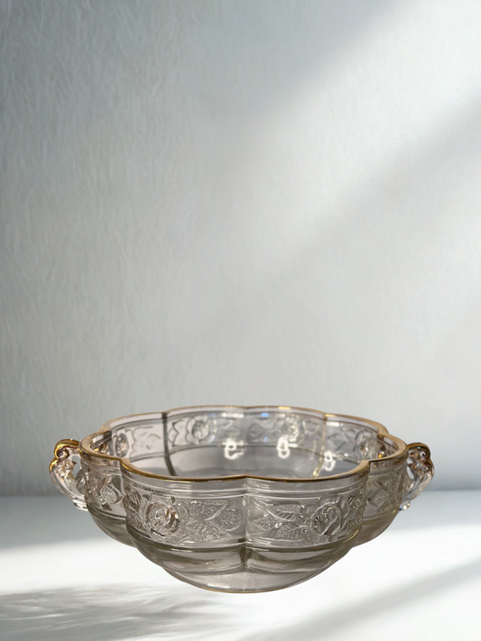 Vintage Etched Glass Bowl with Handles and Gilded Rim – Floral Relief
