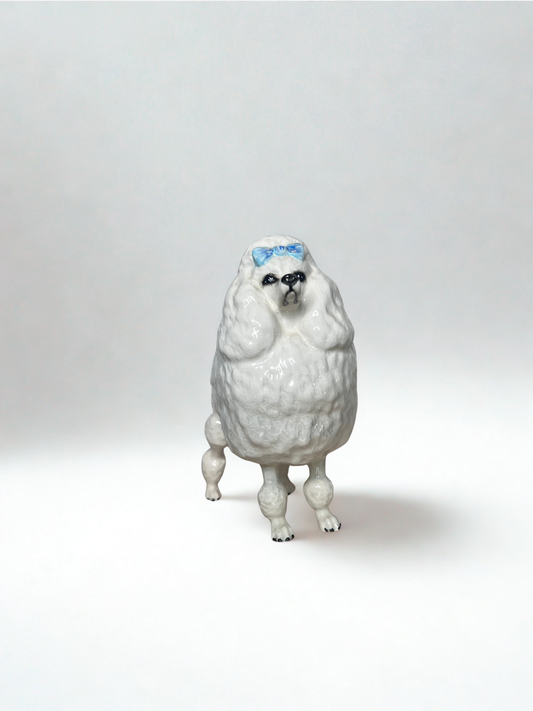 Vintage Ceramic Poodle Figurine – White with Blue Bow