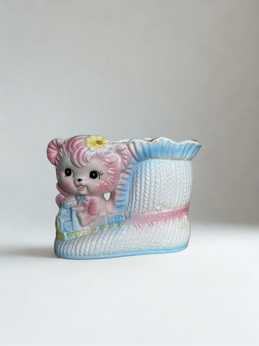 Vintage Ceramic Baby Bootie Planter with Bear & Train – 4” Tall