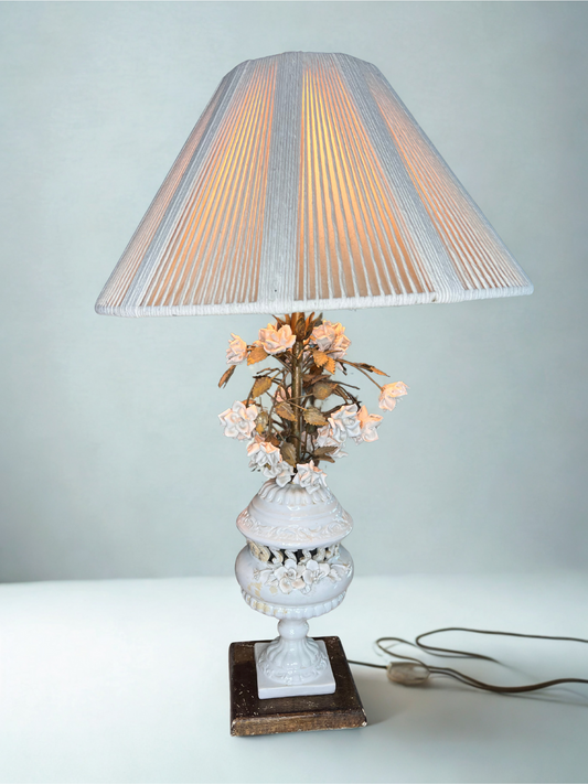Vintage Floral Porcelain Table Lamp with Fabric Shade – 36.22" Tall