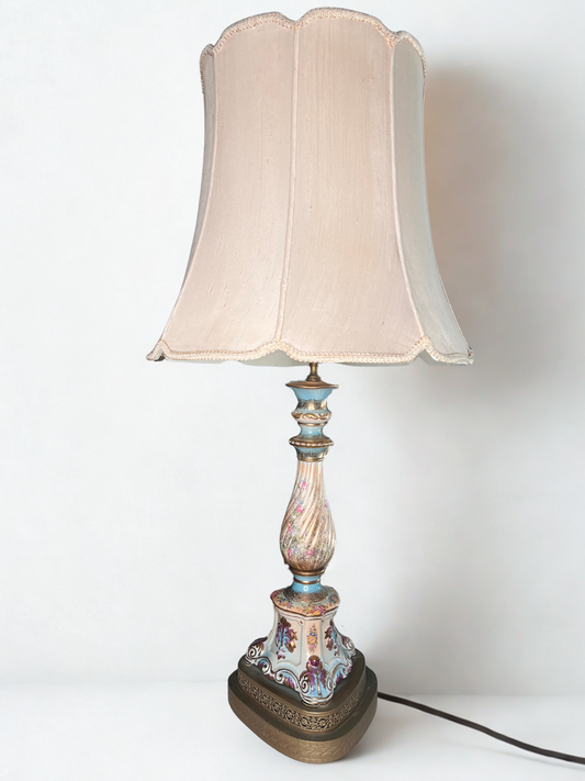 Ornate Vintage Ceramic Table Lamp – Hand-Painted - 37" tall