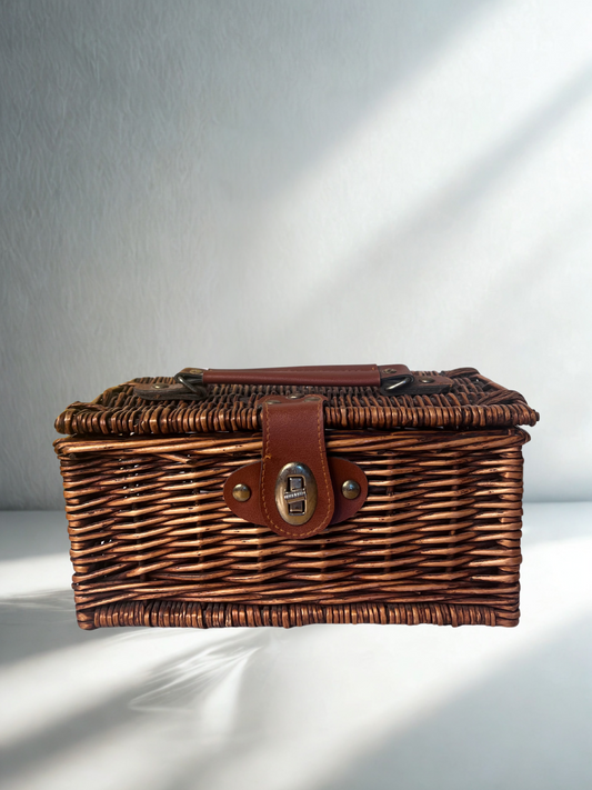 Vintage Wicker Storage Basket with Leather Strap & Lock