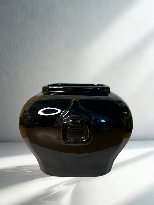 Modern Black Ceramic Vase – Glossy Finish with Handle Detail