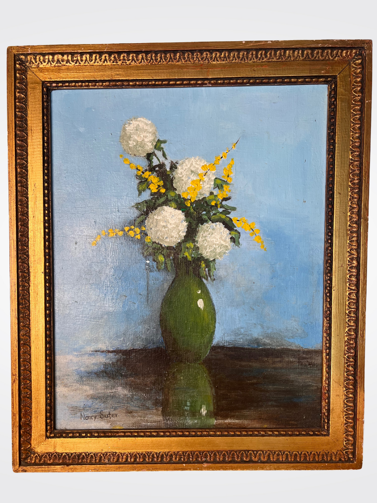 Vintage Still Life Oil Painting by Nancy Suter – Floral in Green Vase
