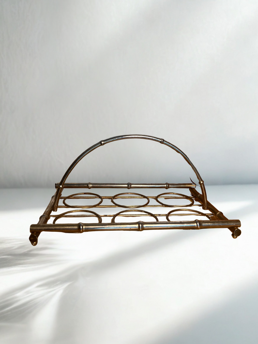 Vintage Brass Bottle Holder with Bamboo-Style Handle