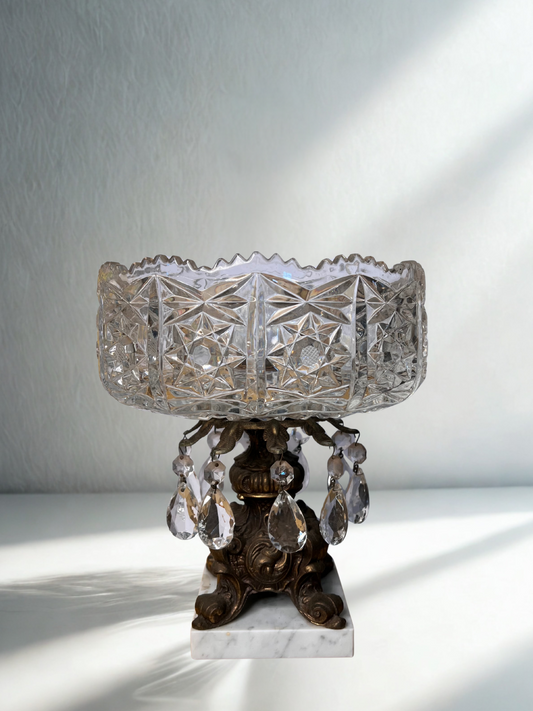 Vintage Crystal Compote Bowl with Hanging Prisms & Ornate Brass Base