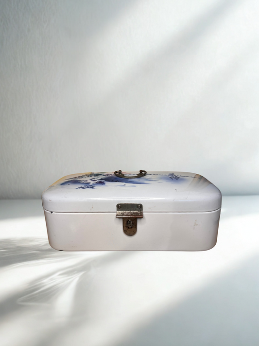 Vintage Enameled Iron Baking Box – Blue & White Dutch Scene, 1920s