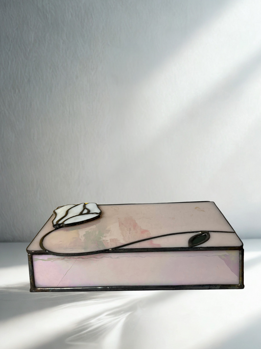 Vintage Stained Glass Jewelry Box – Pink with White Floral Detail