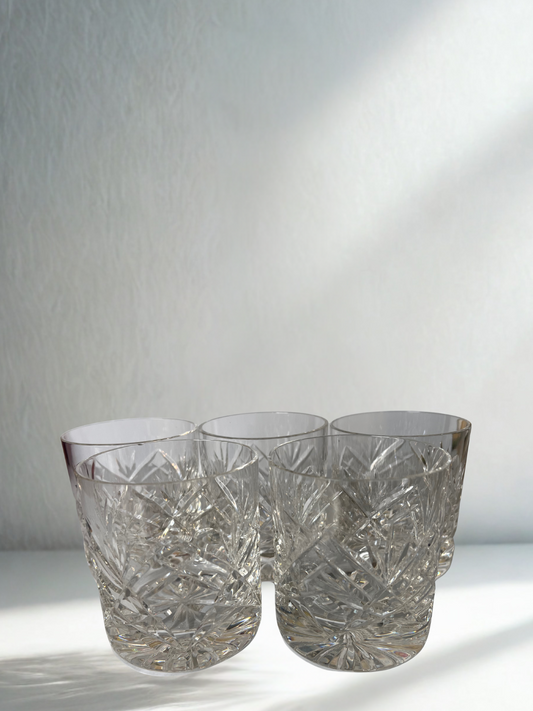 Set of 5 Vintage Cut Crystal Whiskey Glasses – Deep Starburst Pattern