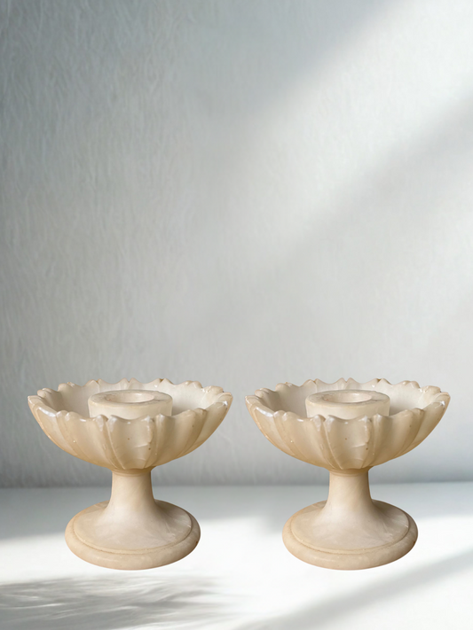 Pair of Vintage Alabaster Lotus Candle Holders