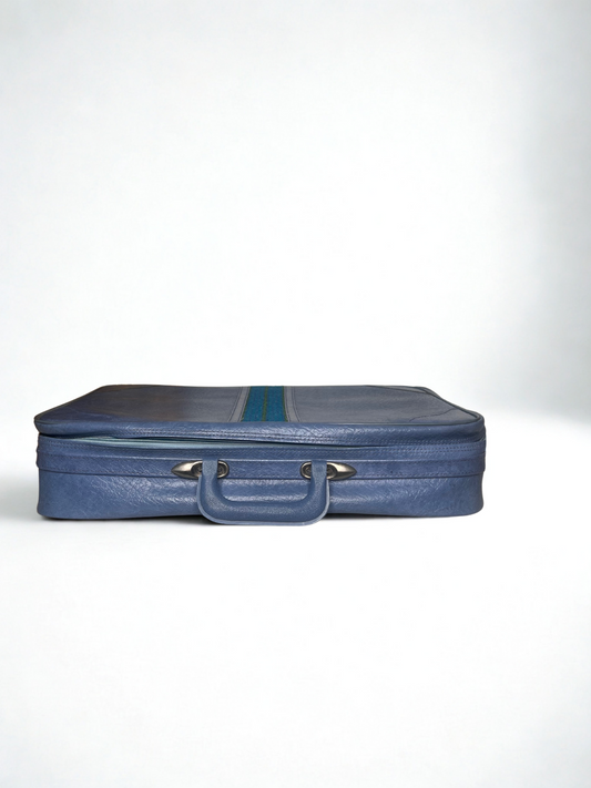 Vintage Blue Vinyl Travel Case – 1960s Soft-Sided Suitcase with Green Stripe