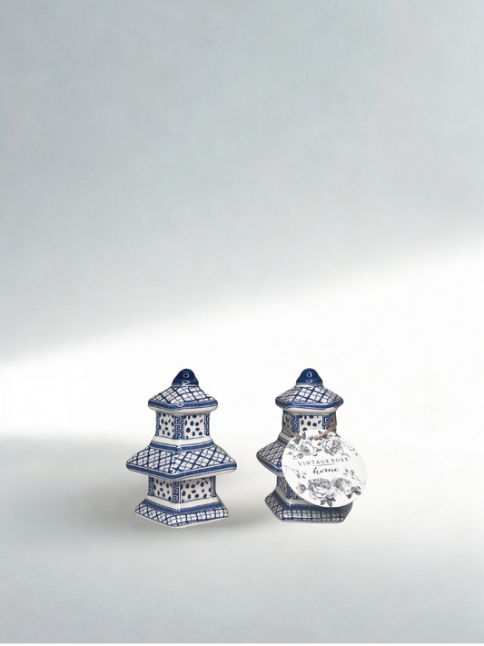 Blue & White Pagoda Salt & Pepper Shakers – Chinoiserie Style (Set of 2)