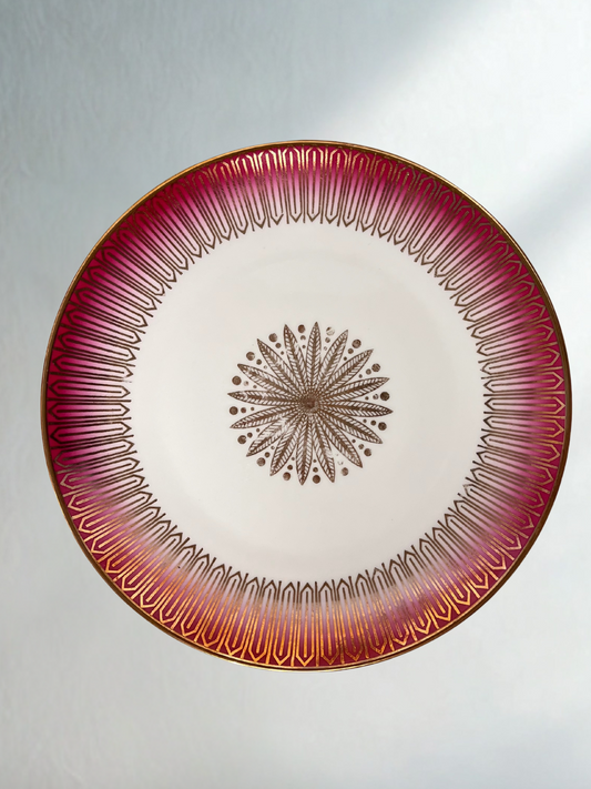 Vintage Plate with Burgundy and Gold Geometric Design – 8"