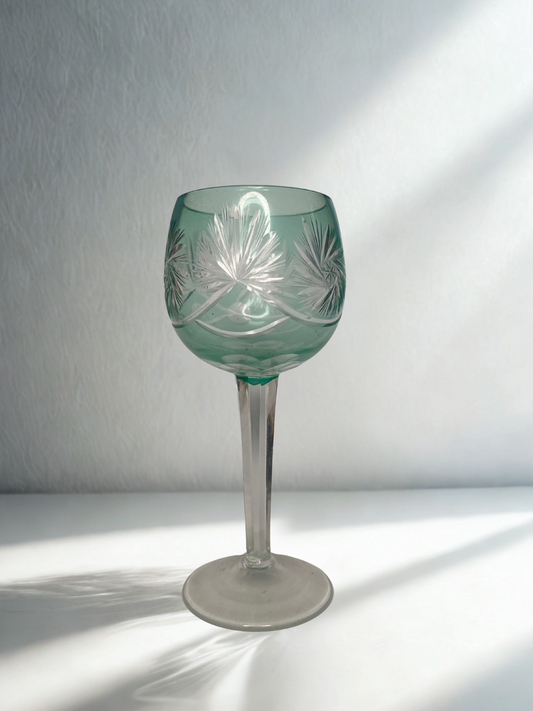 Etched Green Goblet with Clear Stem
