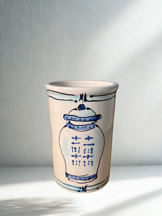 Hand-Painted Ceramic Tumbler with Blue Ginger Jar Motif