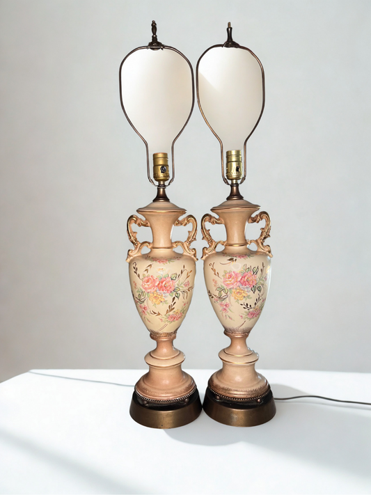 Pair of Vintage Floral Urn Lamps – 30.7” Tall