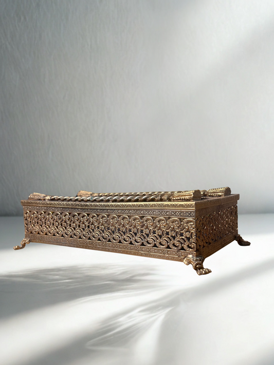 Vintage Ornate Brass Filigree Box with Claw Feet – Decorative Trinket Holder